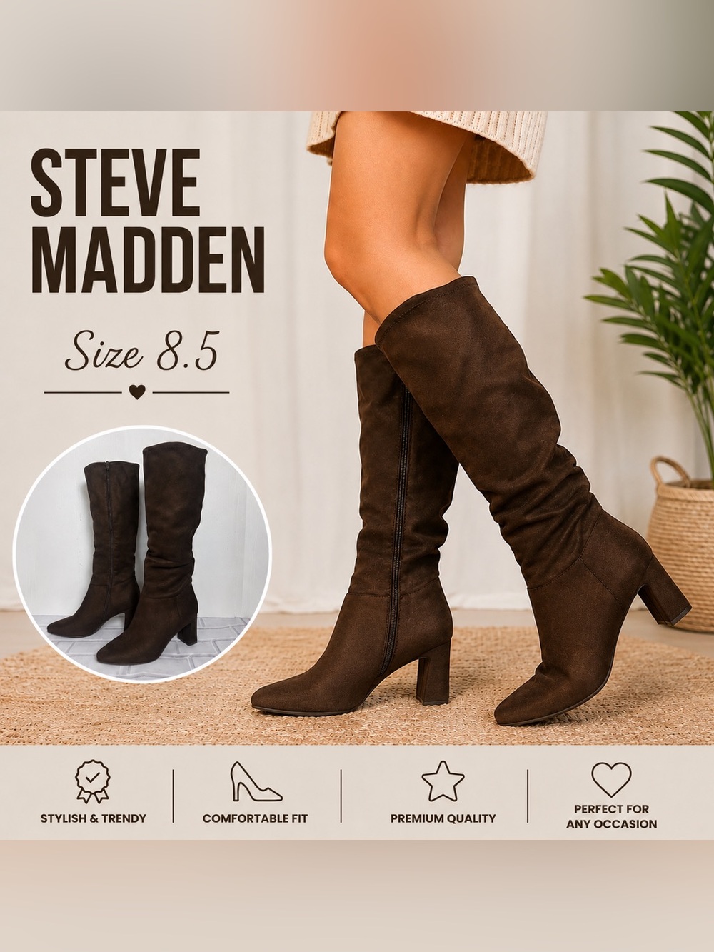 Steve Madden Hunny Knee High Boots Brown size 8.5 NWT Block Heel quiet luxury